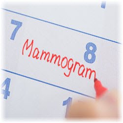 Photo of the word "mammogram" written on a calendar