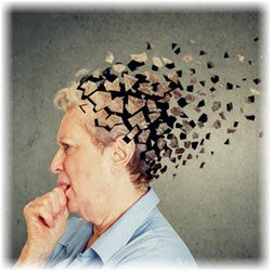 Representation of Alzheimer's on a photo of a senior woman with the back of her head fragmented