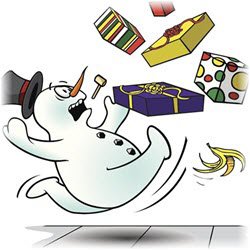 Illustration of a snowman slipping on a banana peel