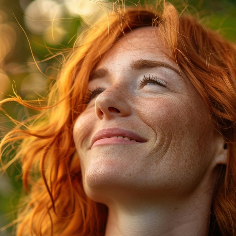 Photo of woman with red hair smelling the fresh air outdoors 