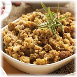 Photo of a dish of cooked turkey stuffing