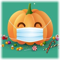 Illustration of a Halloween pumpkin wearing a face mask