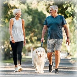 Photo of Married Couple walking with their dog 