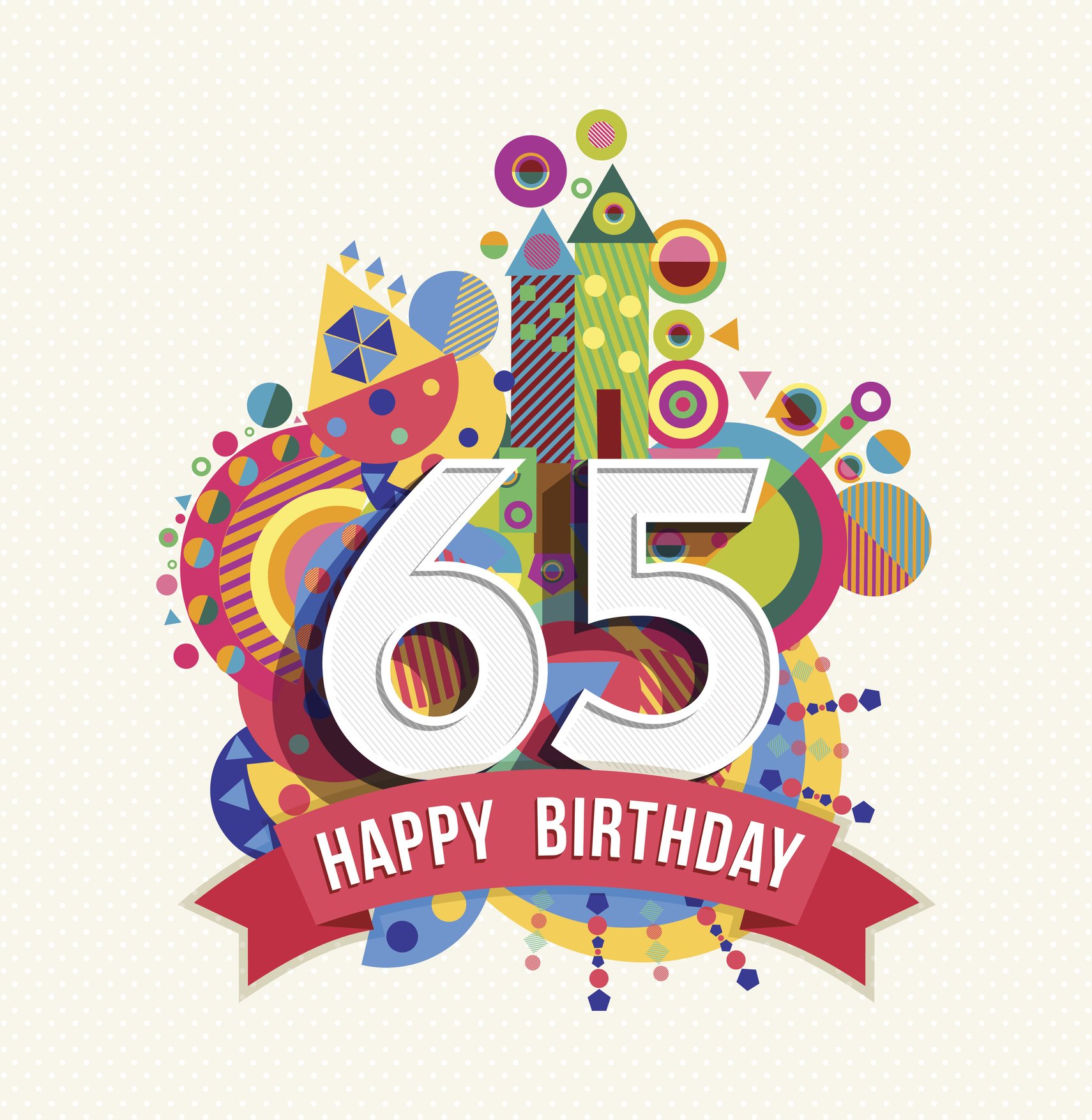 Graphic of a happy birthday banner with the number 65 on it