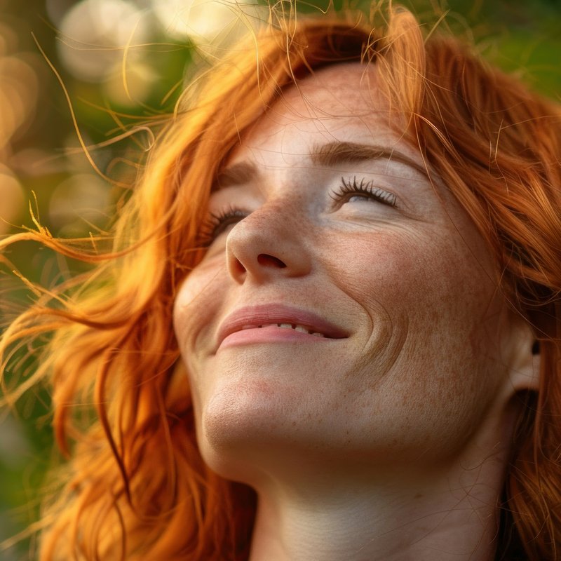 Photo of woman with red hair smelling the fresh air outdoors