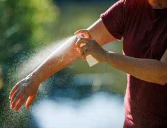 Photo of Man Spraying Bug Repellant on his arm