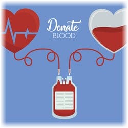 Illustration of blood to and from a blood donation pouch with the words "Donate Blood"